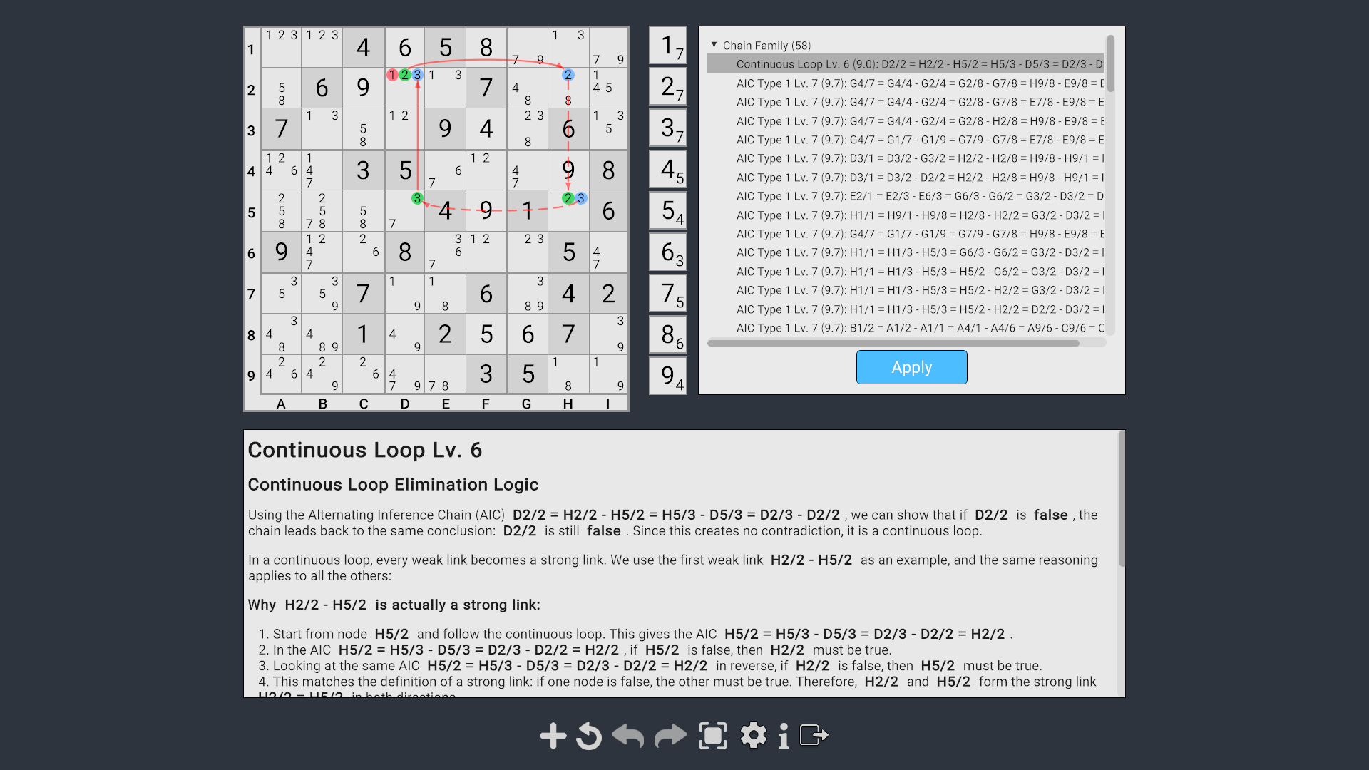 Puzzle analysis showing a continuous loop with linked candidates.