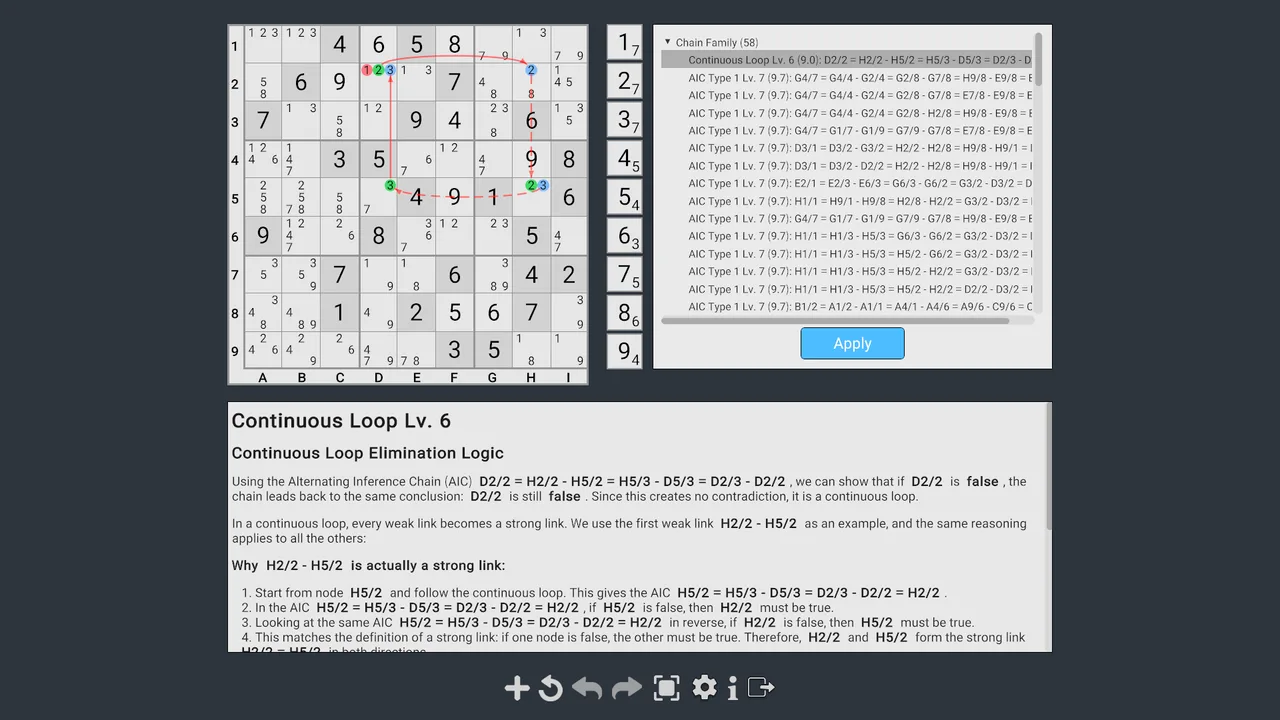 Puzzle analysis showing a continuous loop with linked candidates.