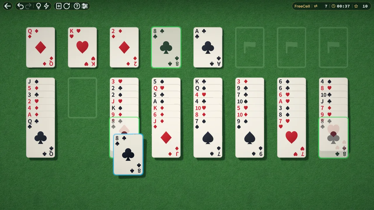 A FreeCell game with open cells and a full tableau.