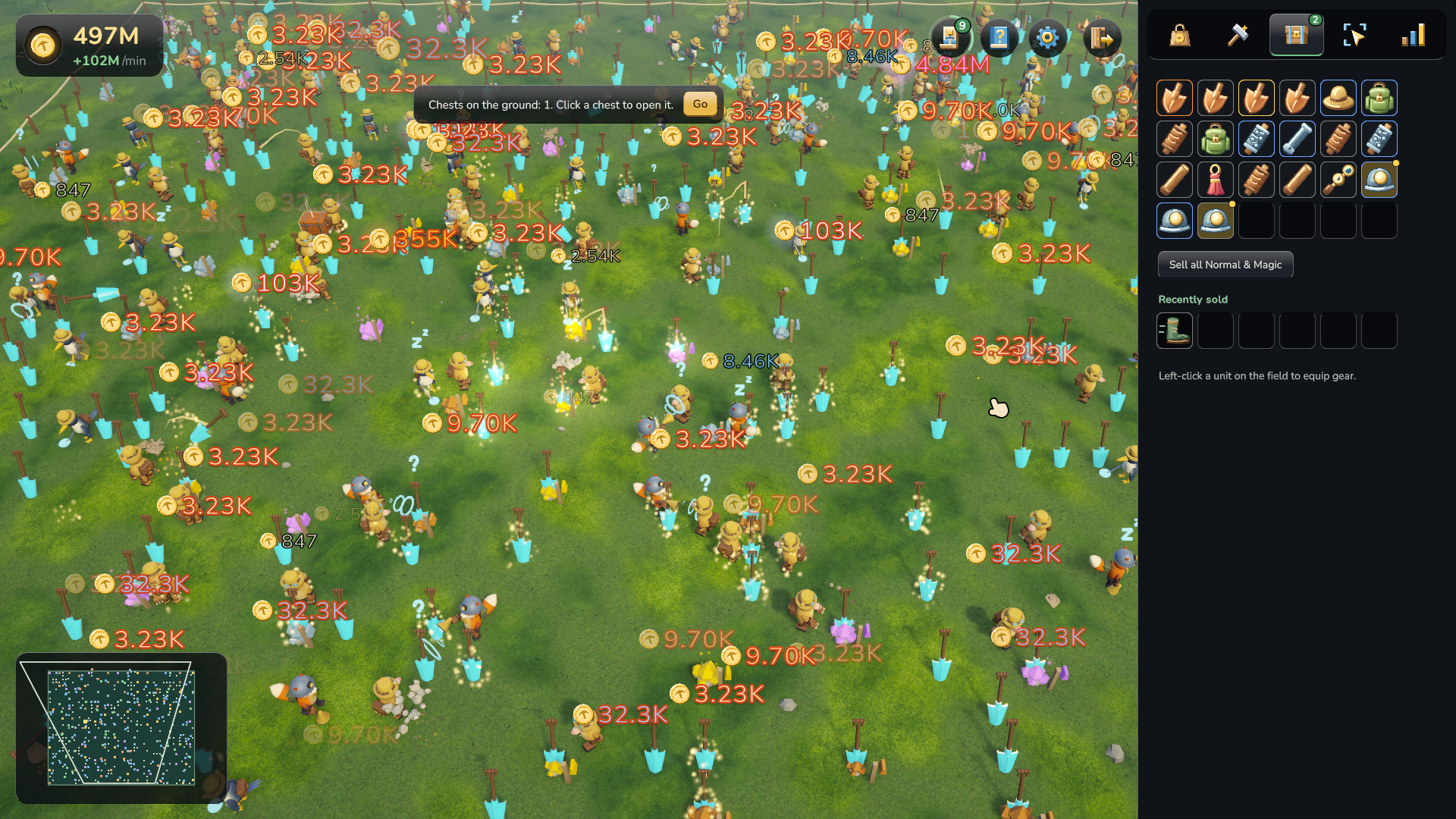 A crowded mine full of animal helpers, shovels and floating coin rewards.
