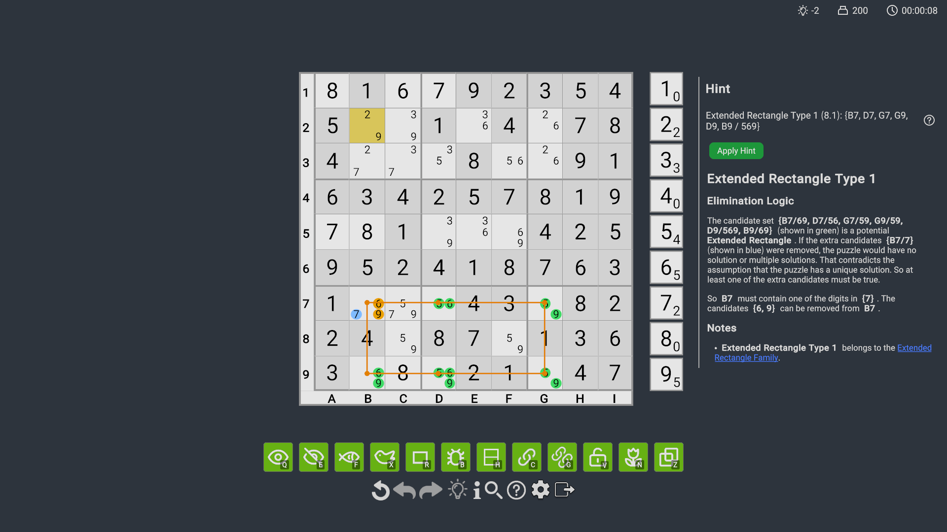 An extended rectangle hint with highlighted candidates.