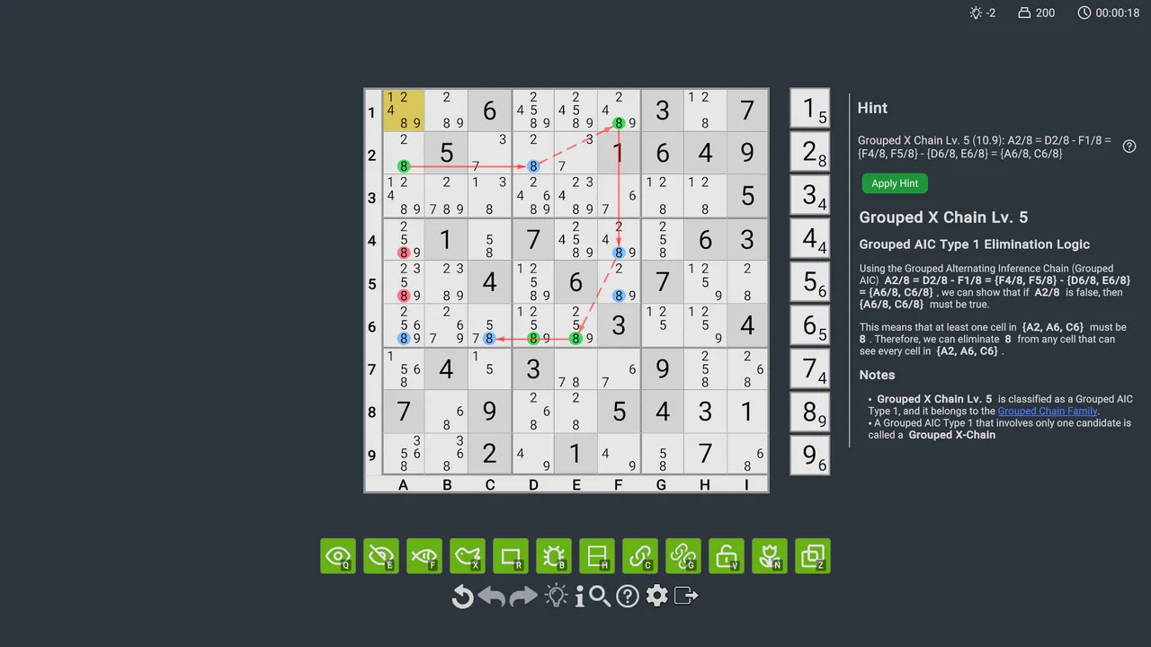 A grouped X-Chain hint with linked candidate groups.