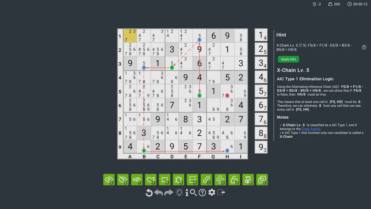 An X-Chain hint with linked candidates and an explanation.