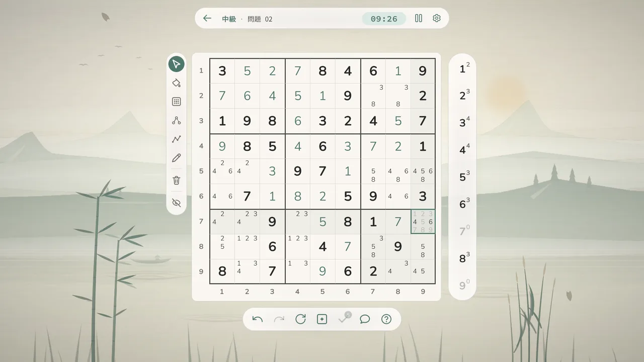 メモ数字と選択したマスがある、解いている途中の盤面。