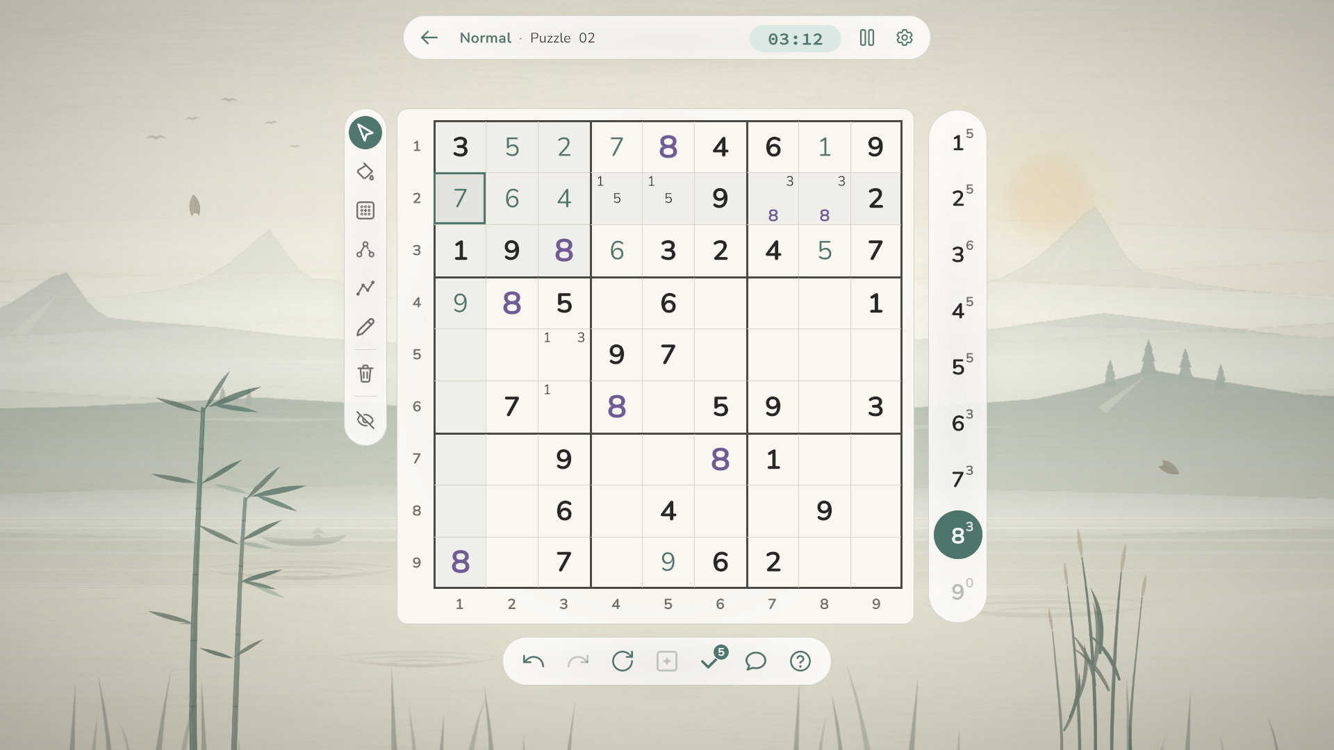 A Sudoku puzzle against a soft mountain and lake landscape.