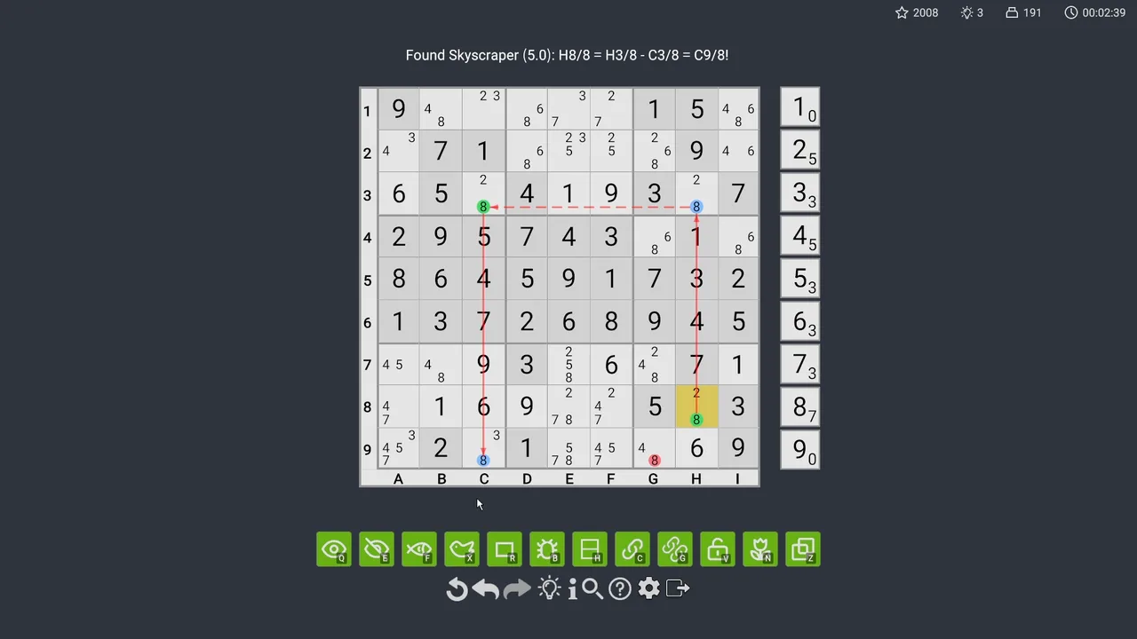 A Skyscraper pattern highlighted on the Sudoku board.