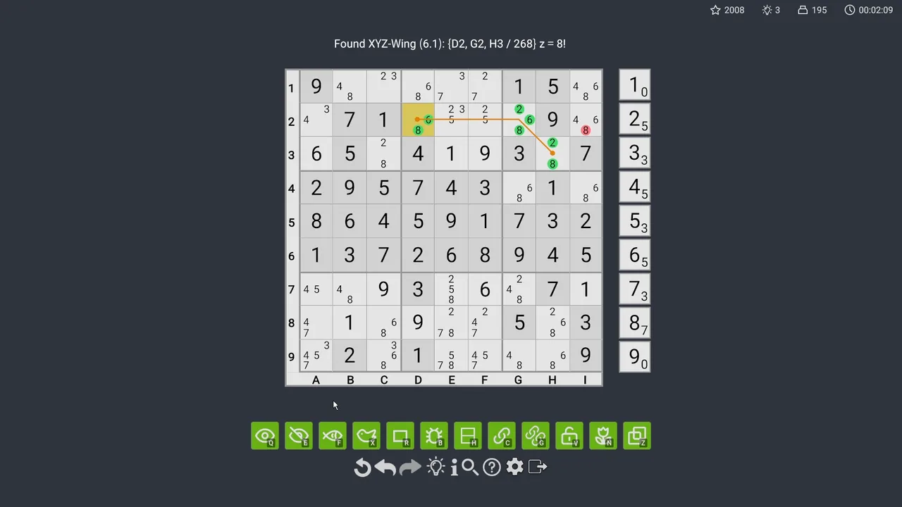 An XYZ-Wing pattern highlighted on the Sudoku board.