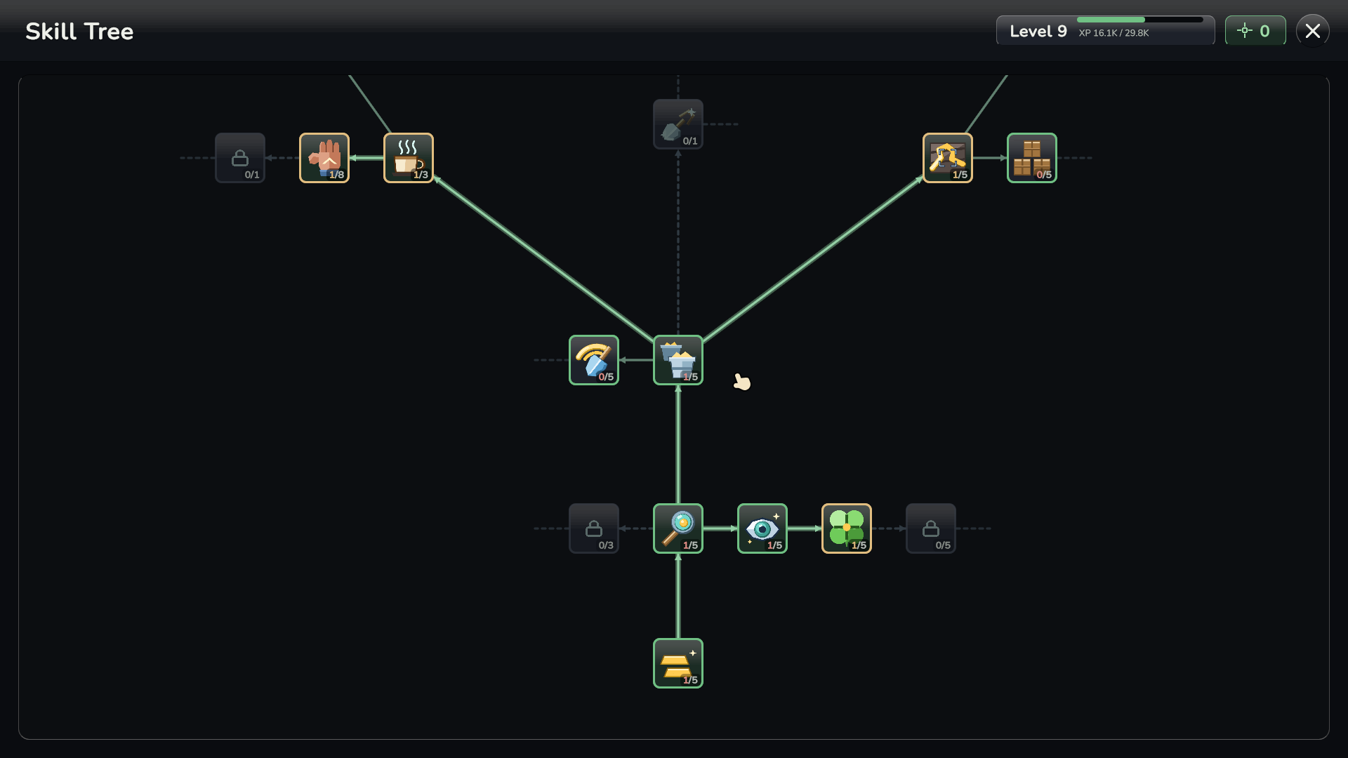 The skill tree, with unlocked and locked skills branching out.