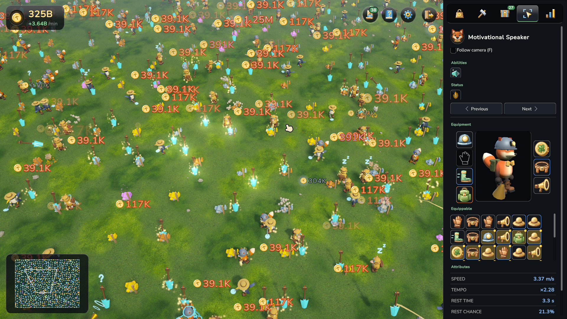 A fox helper's gear and stats beside a crowded, glittering mine.