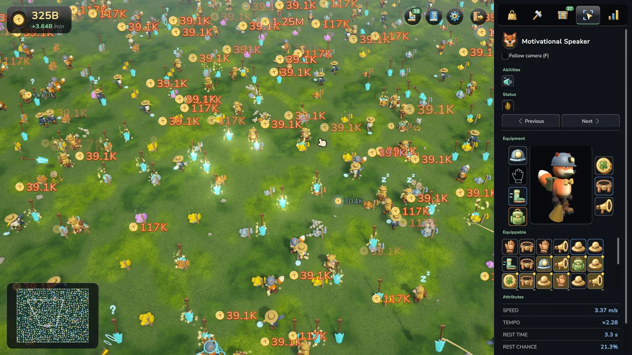 A fox helper's gear and stats beside a crowded, glittering mine.